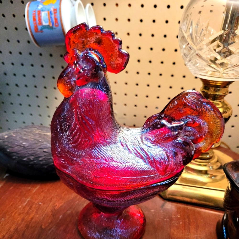Carnival glass red Rooster candy compote